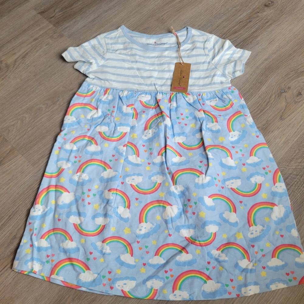 Tailor Vintage Girls Dress 6/7 Blue Rainbow Striped Cotton Casual Empire Waist